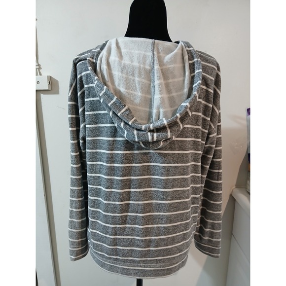 Billabong Grey White Striped Lace Up Hoodie French Terry Pullover womens Medium - Picture 5 of 5